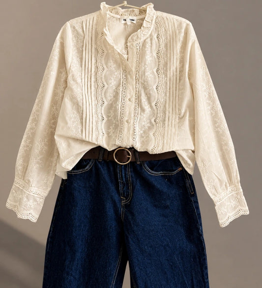 Blouse Crème Brodé Col Volant Manches Brodé Ecru Second- MA Company