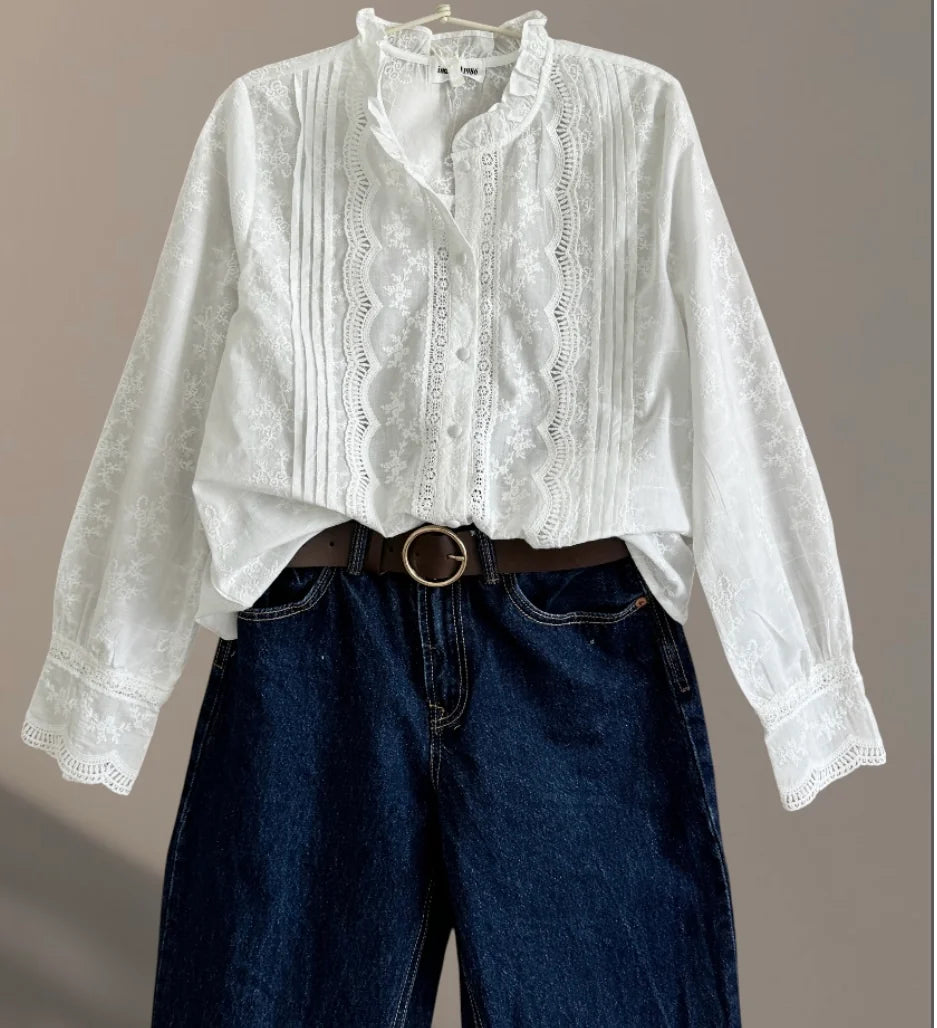 Blouse Crème Brodé Col Volant Manches Brodé Second- MA Company