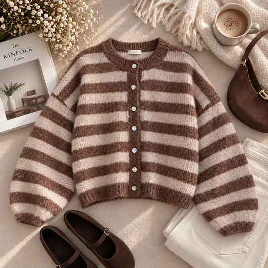 Gilet à rayures taupe et crème, doux et ultra tendance Sol Principale- MA Company