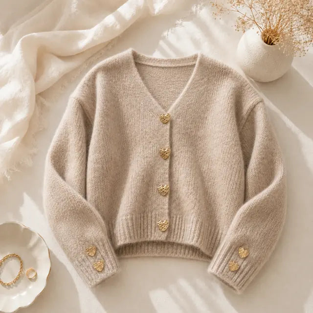 Pull Beige Boutons Cœurs Dorées Principale- MA Company
