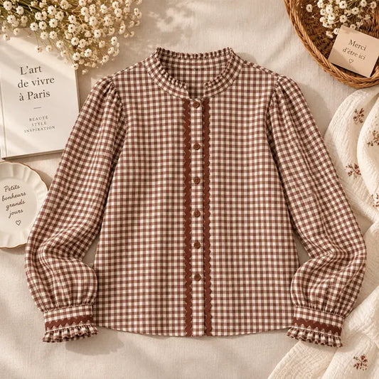 Blouse à Carreaux 100% Coton Marron Col Volant Sol- MA Company