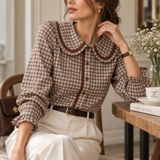 Blouse à Carreaux 100% Coton Marron Porté- MA Company