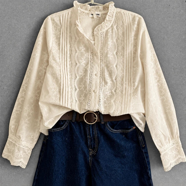 Blouse Crème Brodé Col Volant Manches Brodé Ecru Principal- MA Company