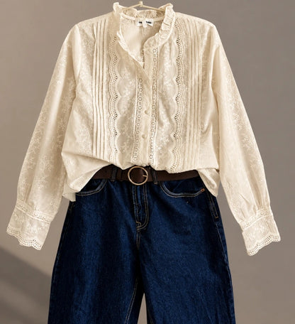 Blouse Crème Brodé Col Volant Manches Brodé Ecru Second- MA Company
