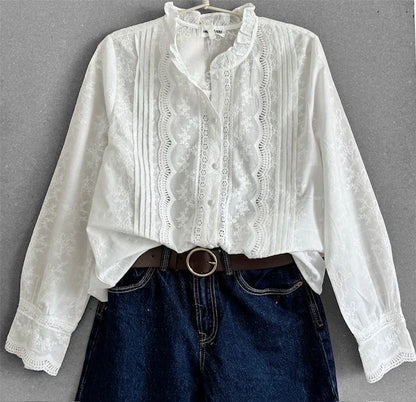 Blouse Crème Brodé Col Volant Manches Brodé Principal- MA Company