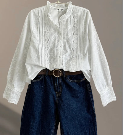 Blouse Crème Brodé Col Volant Manches Brodé Second- MA Company