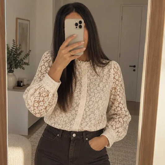  Blouse Crème Fleurs Brodées Dos Transparent Avant- MA Company