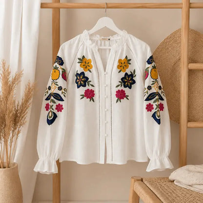 Blouse Fleuri Blanche Coton Brodé- MA Company