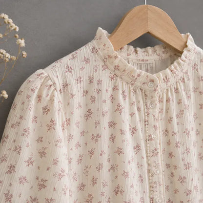 Blouse Légère Douce Crème Motifs Fleuris Rose Col Volanté Détail- MA Company