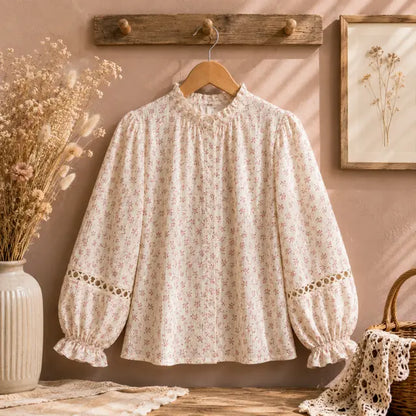 Blouse Légère Douce Crème Motifs Fleuris Rose Col Volanté Principale- MA Company