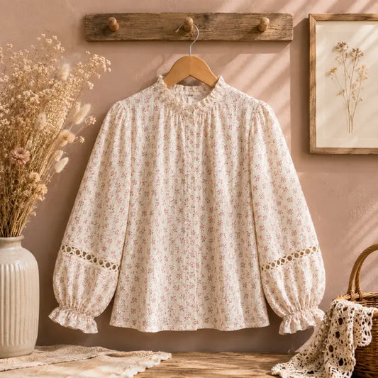 Blouse Légère Douce Crème Motifs Fleuris Rose Col Volanté Principale- MA Company