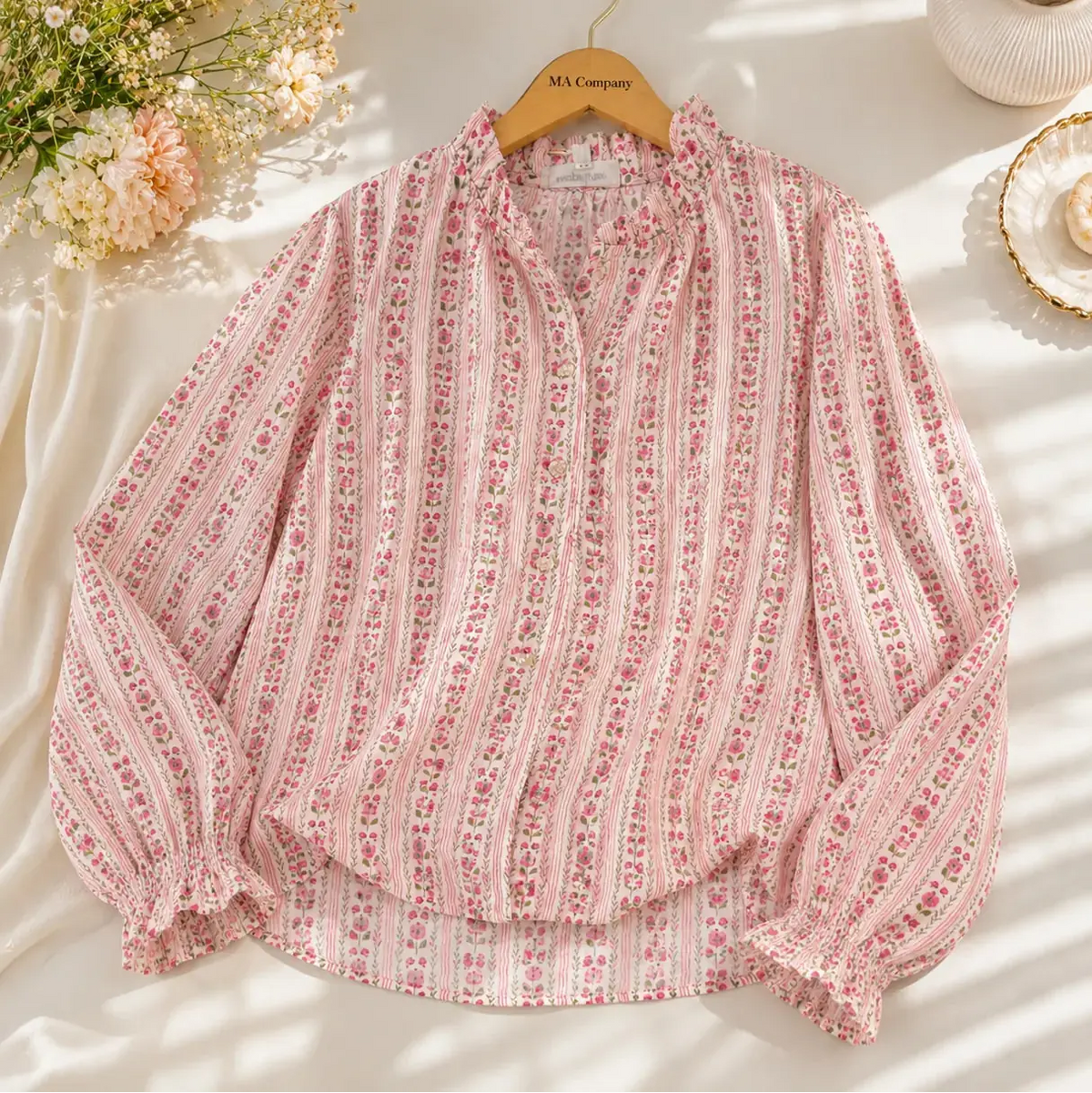 Blouse Rose Fleuri Coton Avant Plier - MA Company