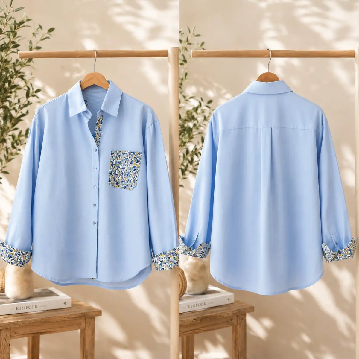 Chemise Bleu Avec Poche Fleuri Et Poignées Fleuris Principale- MA Company