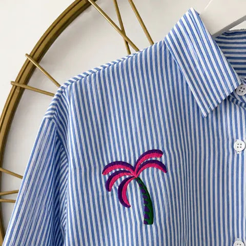 Chemise Bleu Rayé Coton Tropicale Motifs Brodés Détail - MA Company