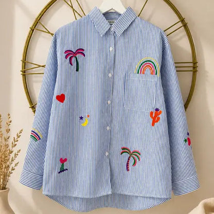 Chemise Bleu Rayé Coton Tropicale Motifs Brodés - MA Company

