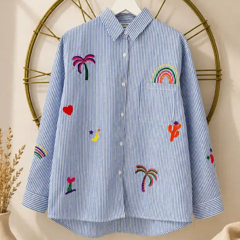 Chemise Bleu Rayé Coton Tropicale Motifs Brodés - MA Company
