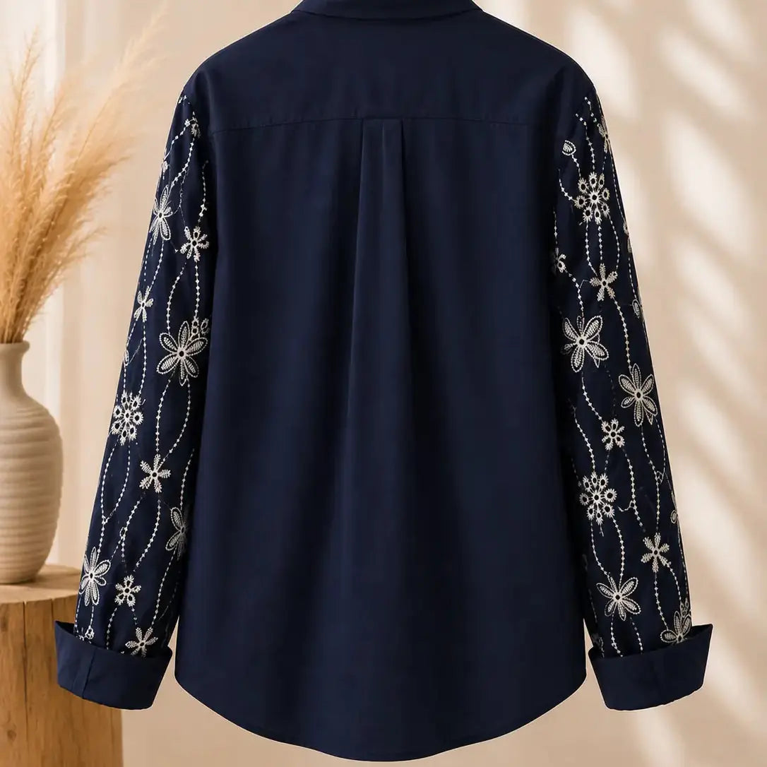 Chemise Bleu Marine Coton Fleuri Brodé