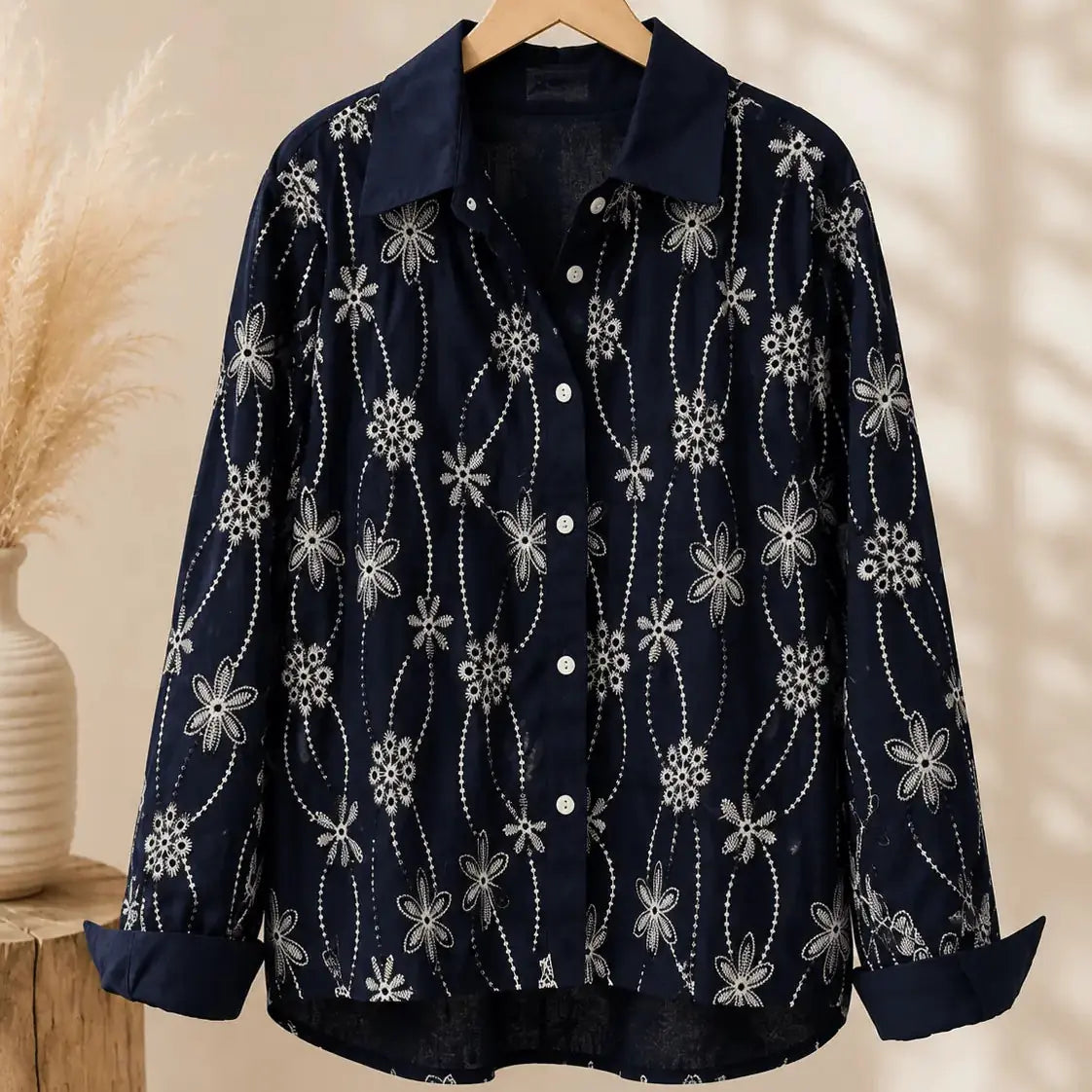 Chemise Bleu Marine Coton Fleuri Brodé - MA Company