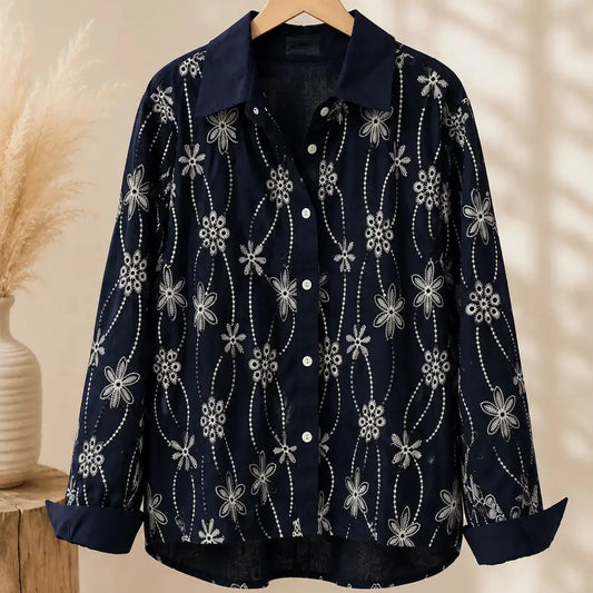 Chemise Bleu Marine Coton Fleuri Brodé - MA Company