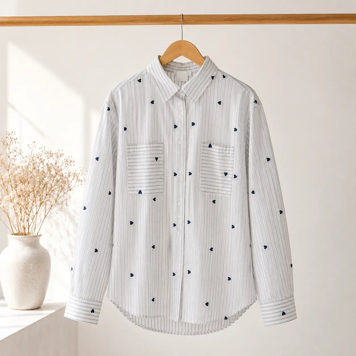 Chemise Coton Légère Motifs Rayures Cœurs Marines Brodés Principal- MA Company