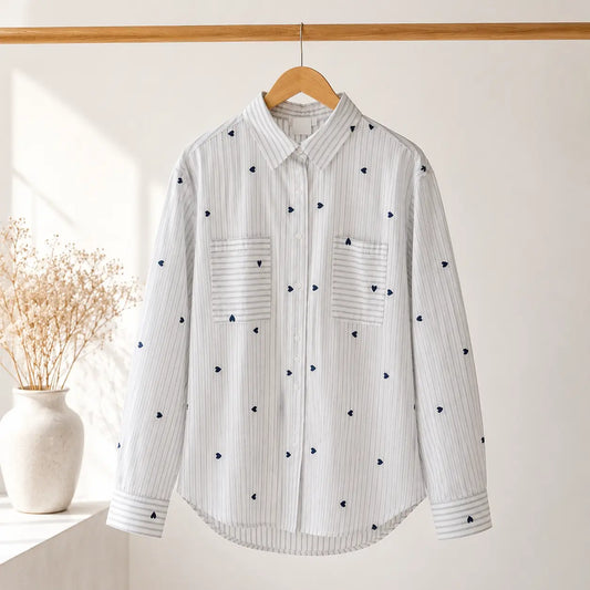 Chemise Coton Légère Motifs Rayures Cœurs Marines Brodés Principal- MA Company