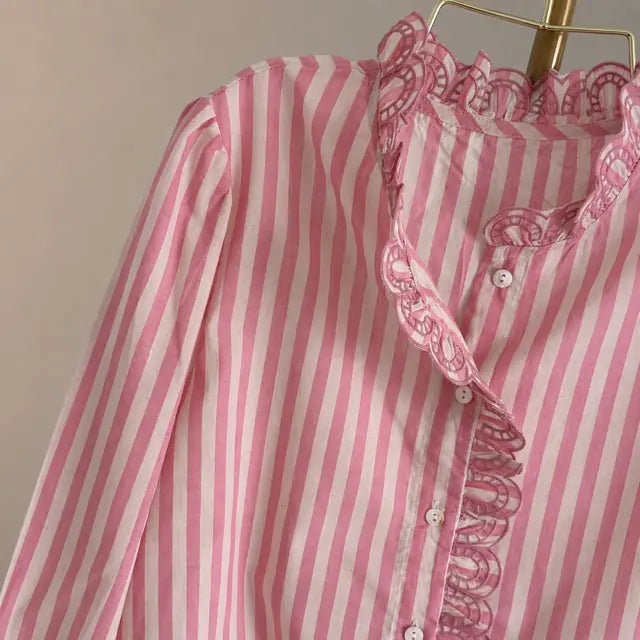 Chemise Rose Rayé Blanche Coton Col Volanté Finitions Brodés Détail- MA Company