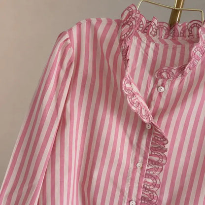 Chemise Rose Rayé Blanche Coton Col Volanté Finitions Brodés Détail- MA Company
