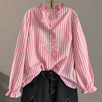 Chemise Rose Rayé Blanche Coton Col Volanté Finitions Brodés Principale- MA Company