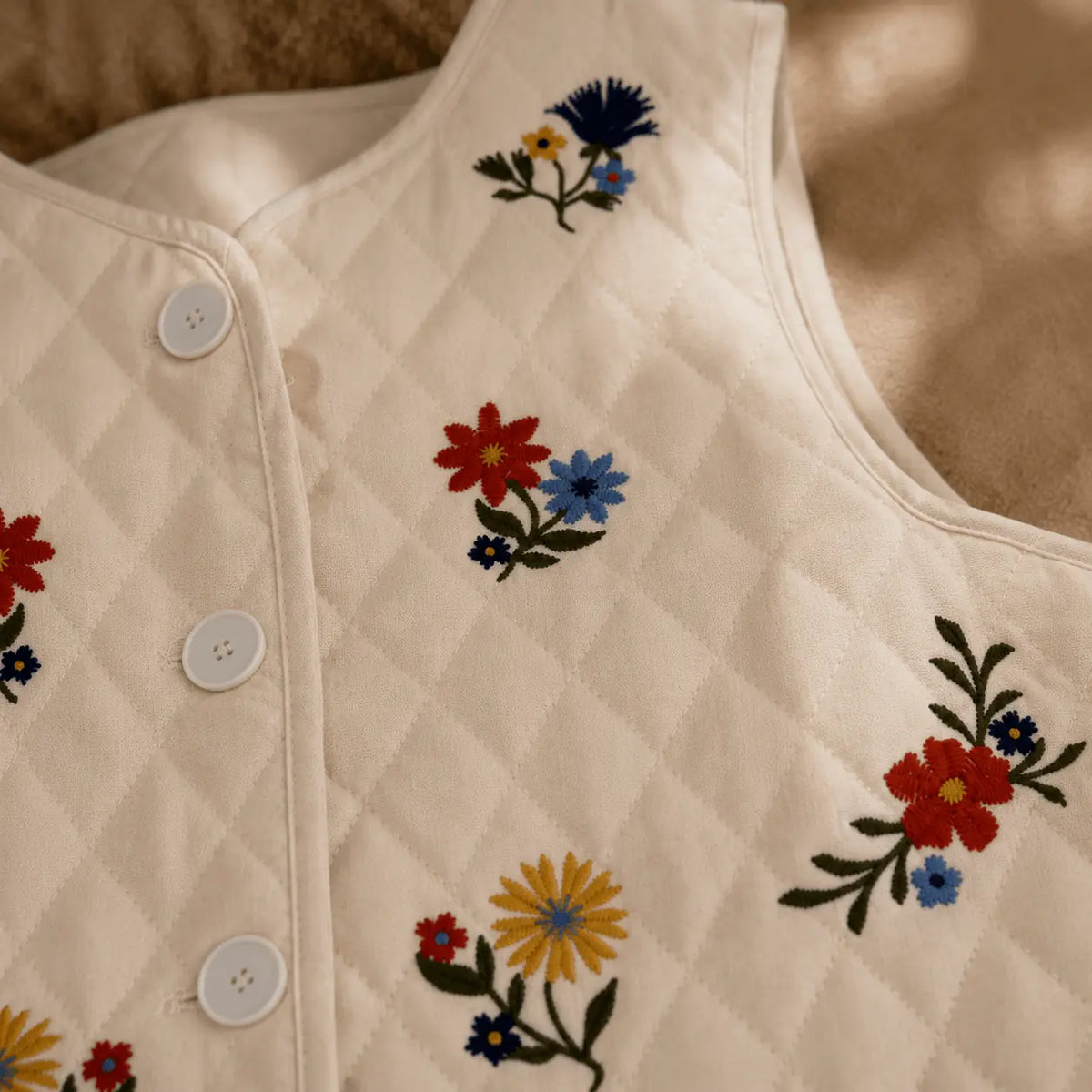 Gilet Crème Coton Matelassé Fleurs Brodées Détail- MA Company