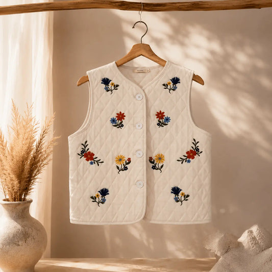 Gilet Crème Coton Matelassé Fleurs Brodées -MA Company