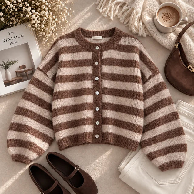 Gilet à rayures taupe et crème, doux et ultra tendance Sol Principale- MA Company