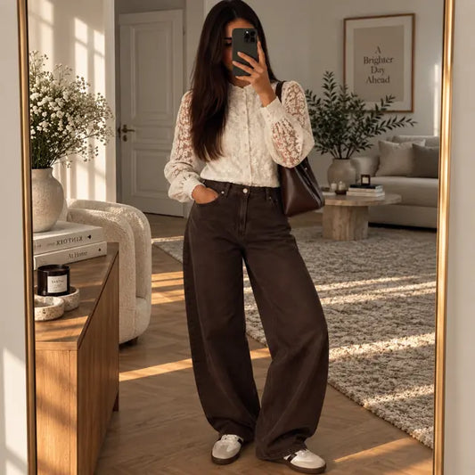 Jean Balloon marron chocolat – la coupe ultra tendance Porté- MA Compajy