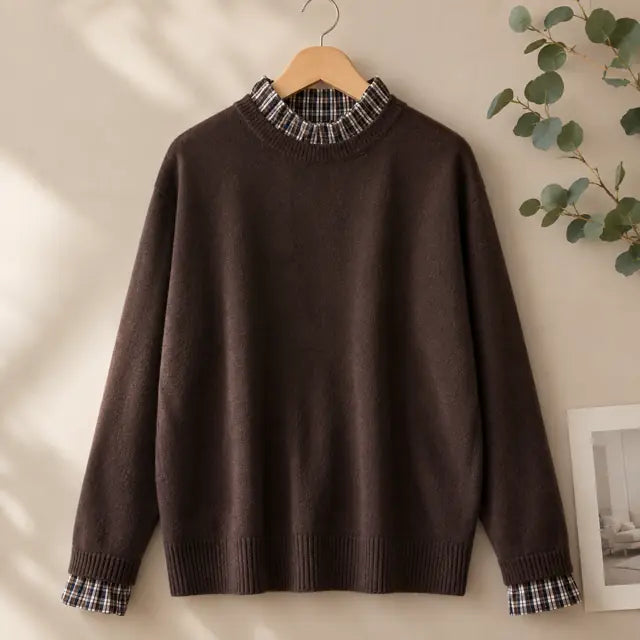 Pull Marron à col montant et détails carreaux Principal- MA Company