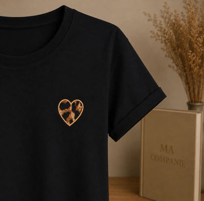 T-Shirt Noir Motif Brodé Léopard Coton Détail- MA Company