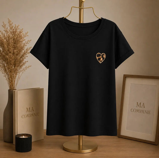 T-Shirt Noir Motif Brodé Léopard Coton Principale-MA Company