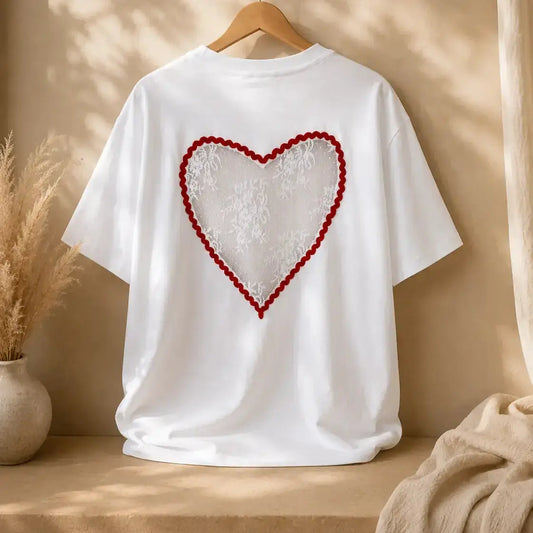 T-shirt Blanc Coeur En Dentelle Princpale - MA Company