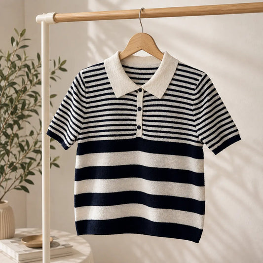 Top Rayé Chic Tendance Polyester Noir Et Blanc - MA Company