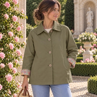 Veste Trench Rose-Kaki-Beige Fleuri 100% Coton